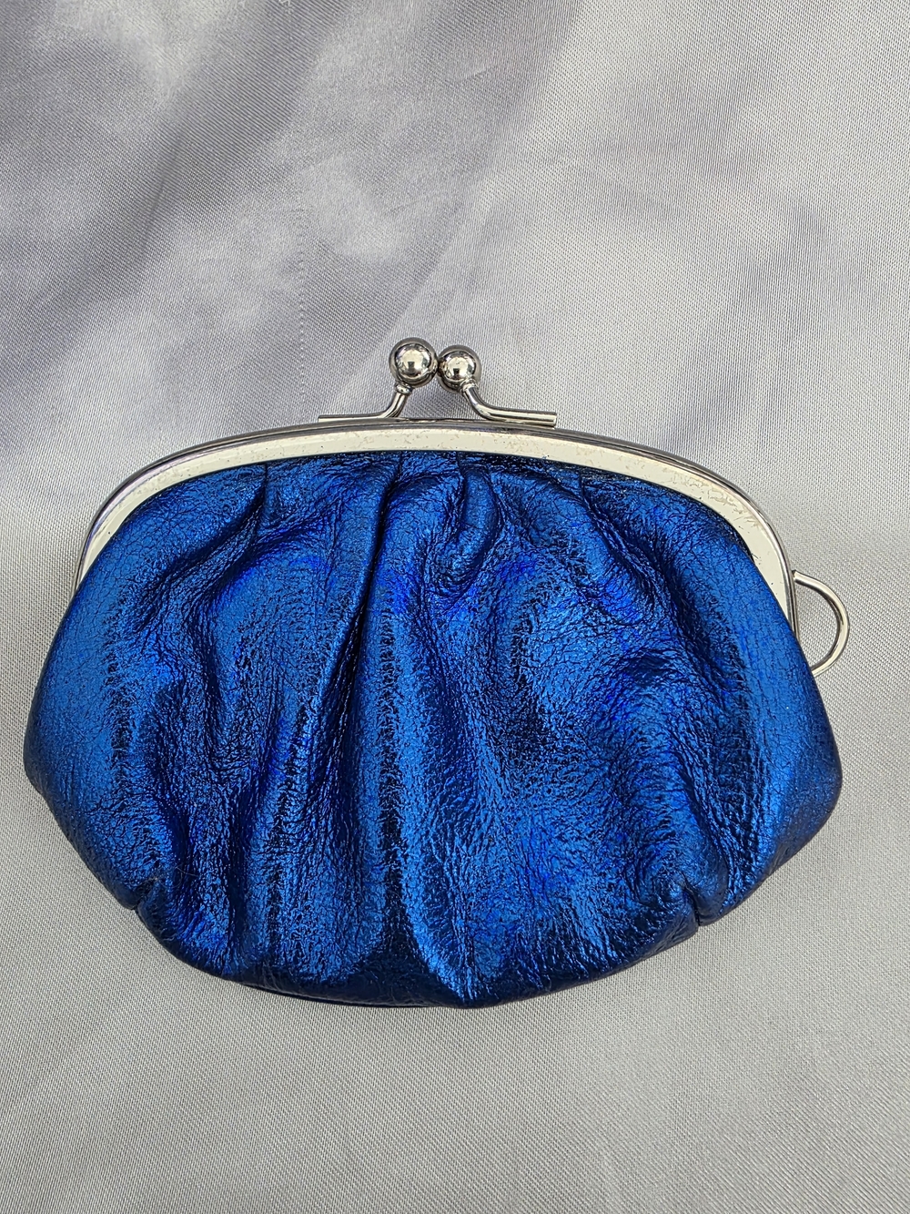 Metallic Blue Ruched Coin Purse with Silver Frame